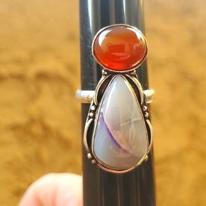 New Purple Lace Agate & Carnelian 925 Silver Ring.